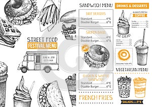 Fast food restaurant or cafe menu template. Hand drawn burgers, desserts and drinks illustrations. Food truck flyer design on chal