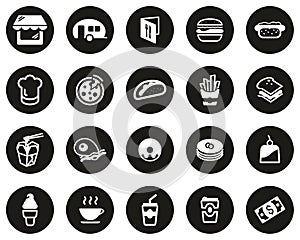 Fast Food Restaurant Or Fast Food Stand Icons White On Black Flat Design Circle Set Big
