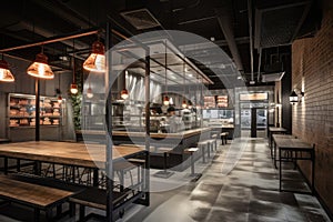 fast-food restaurant with industrial feel, including exposed pipes and steel beams