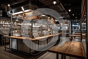 fast-food restaurant with industrial feel, including exposed pipes and steel beams