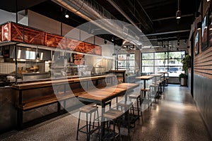 fast-food restaurant with industrial feel, including exposed pipes and steel beams