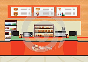 Fast food restaurant interior with hamburger and beverage.