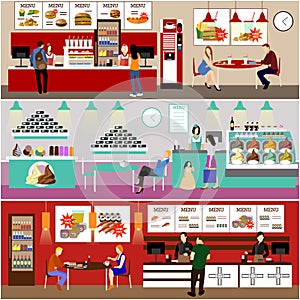 Fast food restaurant interior vector illustration. Banners set in flat design. Ice cream cafe. Eatery menu