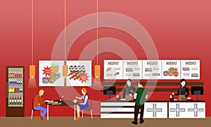 Fast food restaurant interior vector illustration. Horizontal banner in flat style design. Eatery menu photo