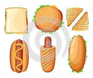 Fast food restaurant menu colorful icons collection with hotdog pizza chicken drumsticks ketchup and milkshake isolated ill