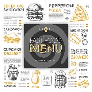 Fast food restaurant menu design with hand drawing sandwich and pizza.