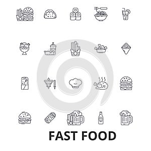 Fast food, restaurant, pizza, hamburger, burger, junk, hot dog, french fries line icons. Editable strokes. Flat design