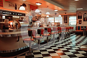 fast food restaurant with retro decor and classic tunes playing in the background