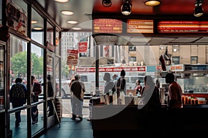 fast food restaurant, with view of busy street and passersby, providing a glimpse into the goings-on outside