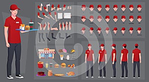 Fast-food, Restaurant Worker Character Creation and Animation Pack, Man Wearing Red uniform with Various Foods, Hand