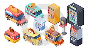 Fast food sale. Isometric vending machine, street food trucks and carts. Selling hot dogs pizza snacks. 3d isolated