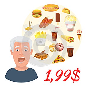 Fast food sale special offer vector illustration. Junk food poster with red sale price. Soda, hot dog, pizza, burger and