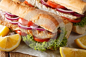 Fast food sandwich balik ekmek with grilled mackerel served with lemon closeup. horizontal