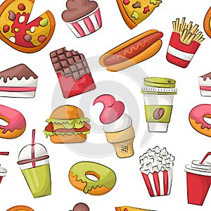 Fast food seamless pattern background. Restaurant menu decoration. Repeat backdrop for cover, wrapping paper, textile.