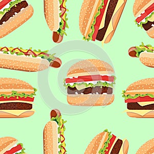 Fast Food seamless pattern hamburger and Hot Dog