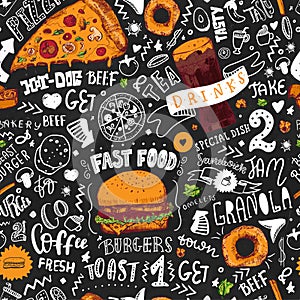 Fast Food seamless pattern in Hand Drawn Doodle Style with sketh Objects on Junk kitchen Theme with lettering photo