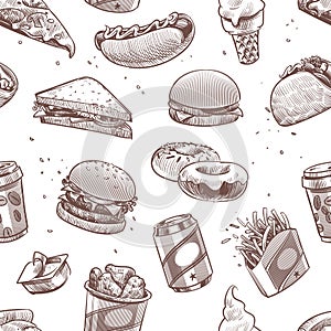 Fast food seamless pattern. Hot dog, hamburger and cola, coffee and ice cream, cheeseburger fast food restaurants vector