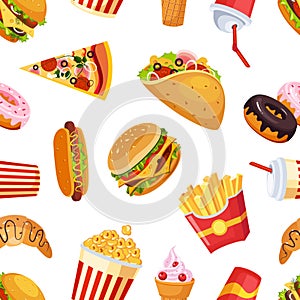 Fast Food Seamless Pattern, Restaurant or Cafe Design Element Can Be Used for Wallpaper, Packaging, Background Vector