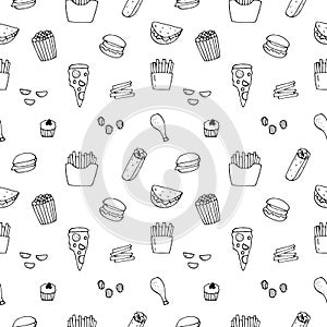 Fast food seamless pattern vector illustration, hand drawing doodle