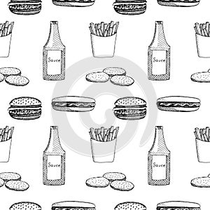 Fast food seamless pattern vector illustration, hand drawing sketch