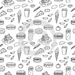 Fast food seamless pattern vector illustration, hand drawing sketch