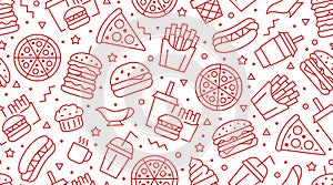 Fast food seamless pattern with vector line icons of hamburger, pizza, hot dog, beverage, cheeseburger. Restaurant menu