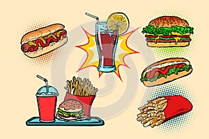 Fast food set collection hot dog Burger Cola French fries drink