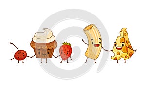 Fast food set. Cupcake and berries, cheese and pasta are friends forever cartoon vector illustration