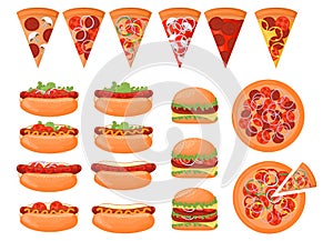 Fast food. A set of different hot dogs, hamburgers and pizza slices.