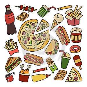 Fast food. Set of elements in doodle and cartoon style. Colorful