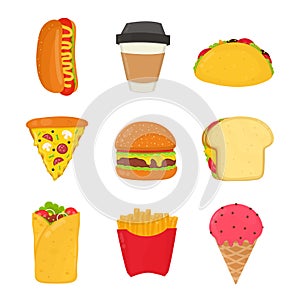 Fast food set. French fries, hot dog, ice cream, drink, sandwich, pizza, burger,