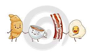 Fast food set. Fried bacon and egg, croissant and coffee are friends forever cartoon vector illustration