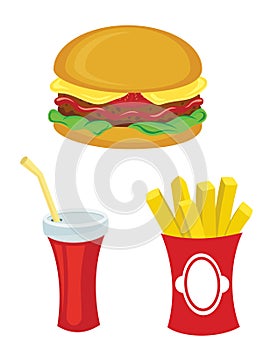 Fast food set. Hamburger, fries, drink