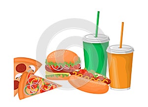 Fast food. A set of hamburger, hot dog, two slices of pizza, and two glasses of soda.
