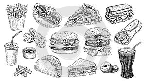 Fast food set hand drawn vector illustration. Hamburger, cheeseburger, sandwich, pizza, chicken, cola, hot dog.