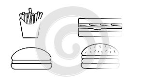 Fast food set hand drawn vector illustration. Hamburger  cheeseburger  sandwich  pizza  chicken  taco  french fries  hot dog