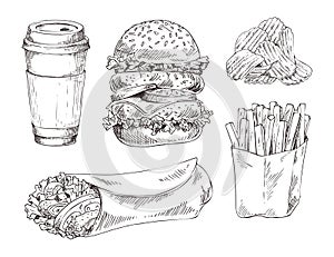 Fast food set hand drawn vector monochrome sketch