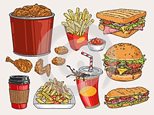 Fast food set labels colorful