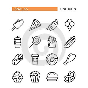 Fast food. Set of lined vector icons.