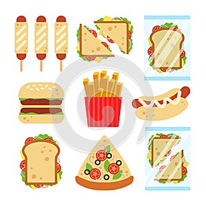 Fast food set for luncheonette menu design. Unhealthy street food isolated on white background, hamburger pizza sausage