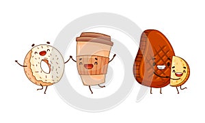 Fast food set. Meat beef steak and potato, donut and coffee are friends forever cartoon vector illustration