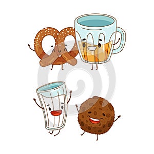 Fast food set. Pretzel and beer mug, milk and biscuit are friends forever cartoon vector illustration