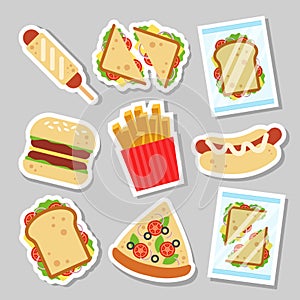 Fast food set sticker for luncheonette menu design. Unhealthy street food patch, hamburger pizza sausage dough sandwich