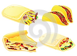 Fast food set. Taco, burrito, pie and kebab