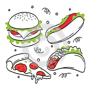 Fast Food Set Vector. Burger, Pizza, Taco, Hotdog Design