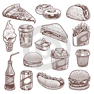 Fast food sketch. Pizza, donuts and ice cream, french fries and hamburger, cola and hot dog, coffee and cheeseburger