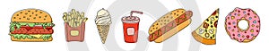 Fast food sketch set. Burger, hamburger, cheeseburger, fries and ice cream. Soda, hot dog, pizza and donut. Cartoon illustration.