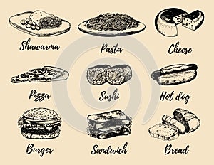 Fast food sketches vector set. Hand drawn international cuisine icons for snack bar menu, street cafe chalkboard etc.