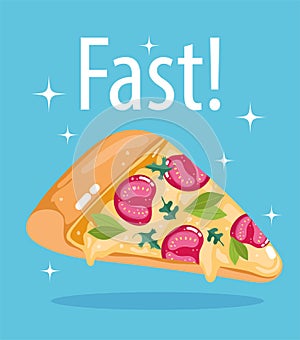 Fast food slice pizza menu restaurant unhealthy, poster hand drawn lettering