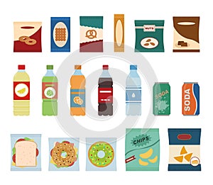 Fast food snacks and drinks flat icons.